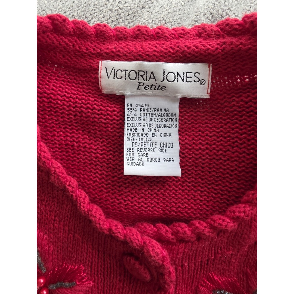 Victoria Jones Petite Red Beaded Embroidered Cardigan Sweater PS Vintage - Picture 6 of 12
